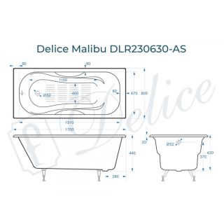 Ванна чугунная Delice Malibu DLR230630-AS  170х80 с антискользящим покрытием